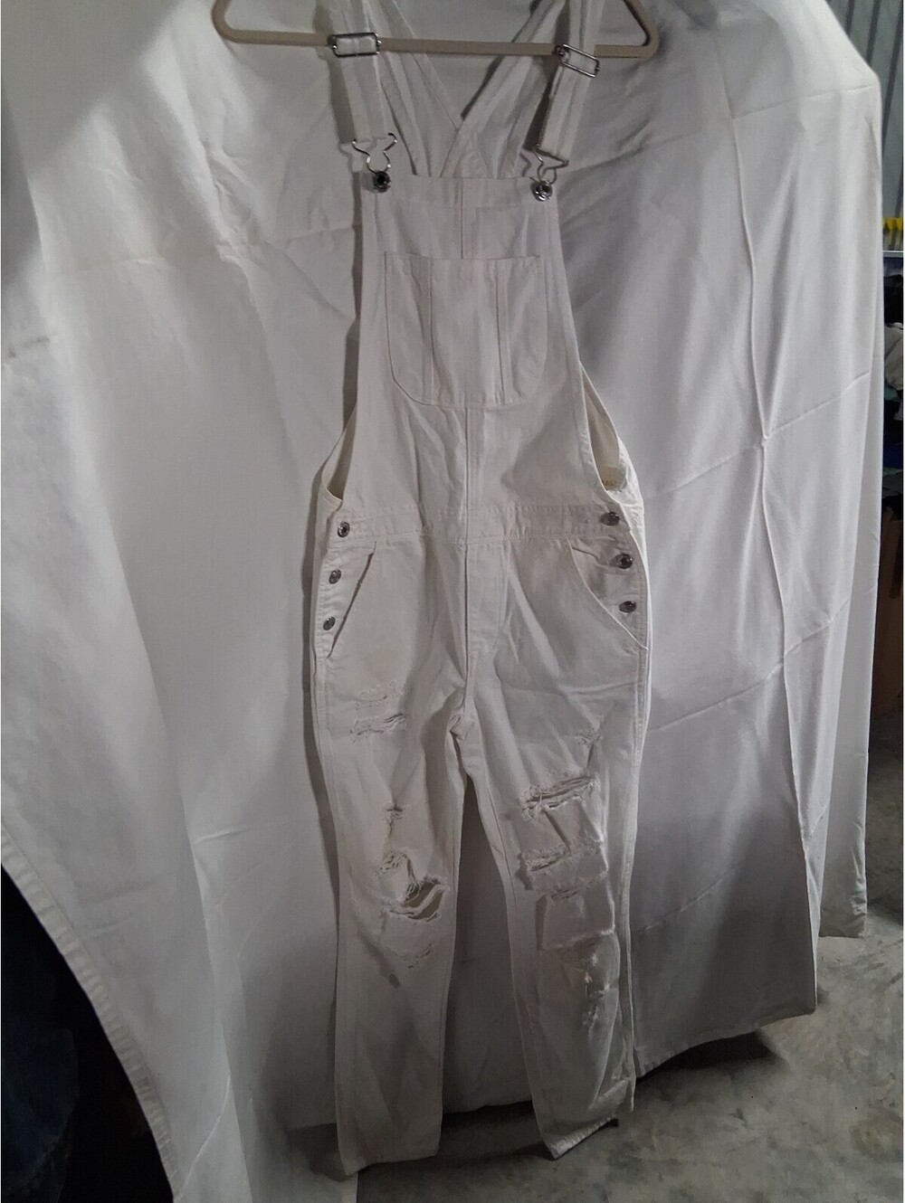 American Eagle Tomgirl Denim Overalls Women's Size S White Stretch N2